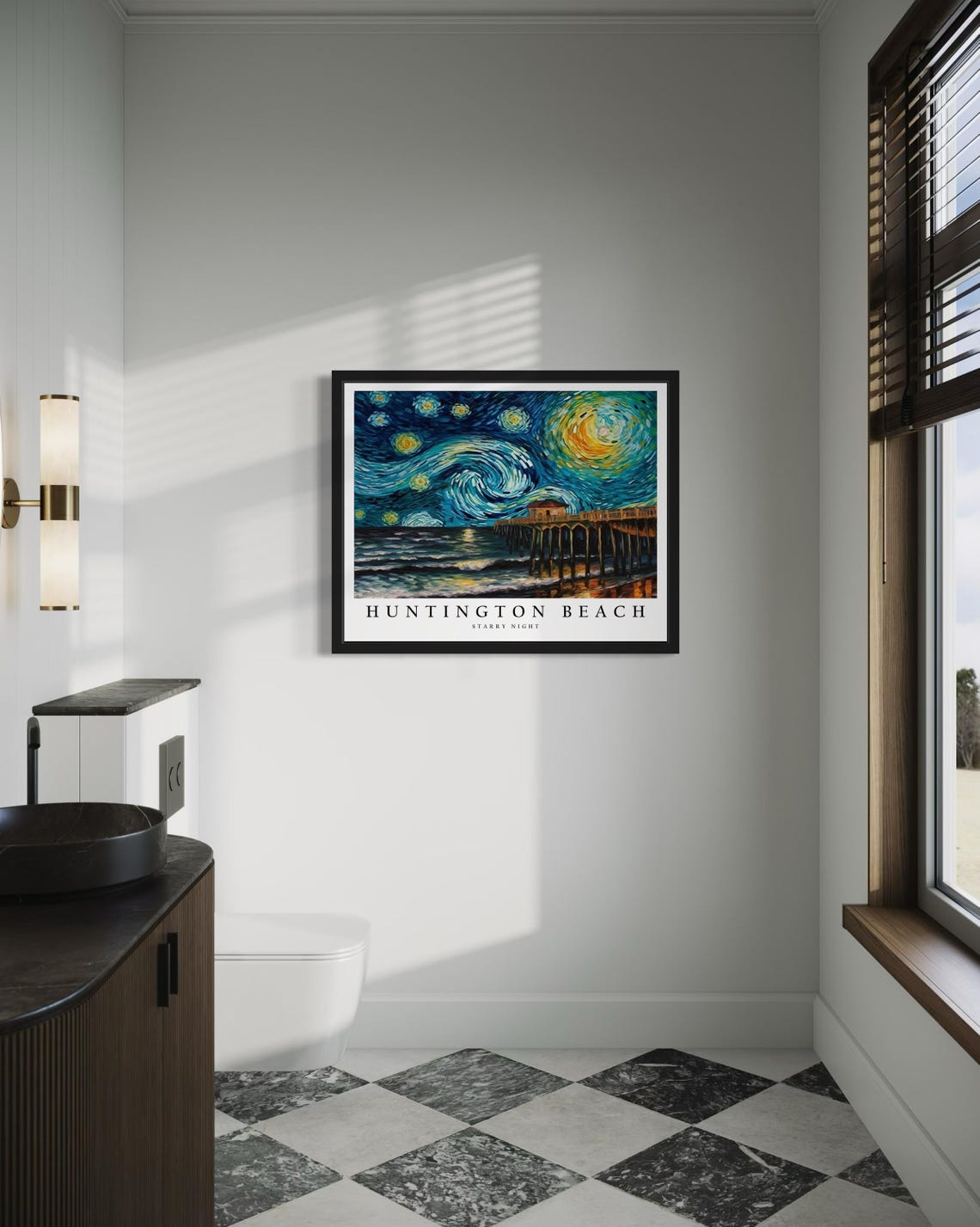 Huntington Beach California Pier Starry Night Ocean Waves Poster - Image 4
