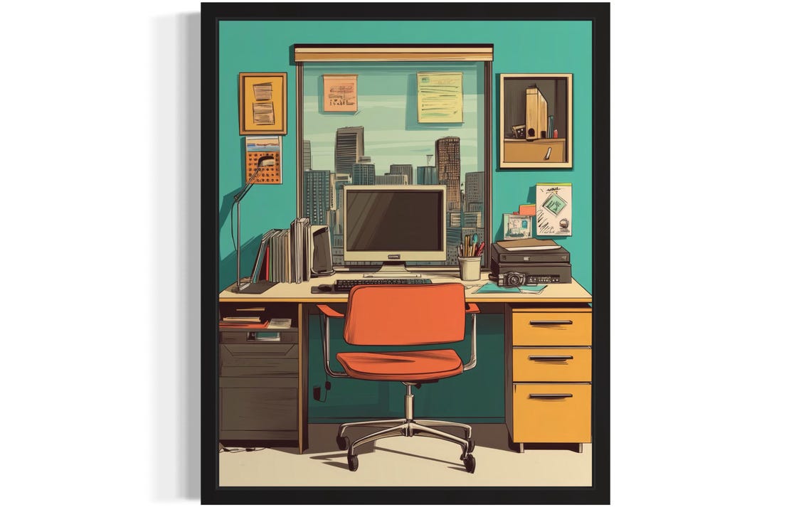 Retro Office Workspace With Orange Chair and City View Poster