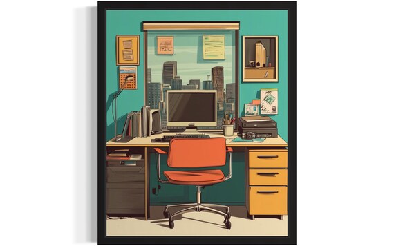 Retro Office Workspace With Orange Chair and City View Poster