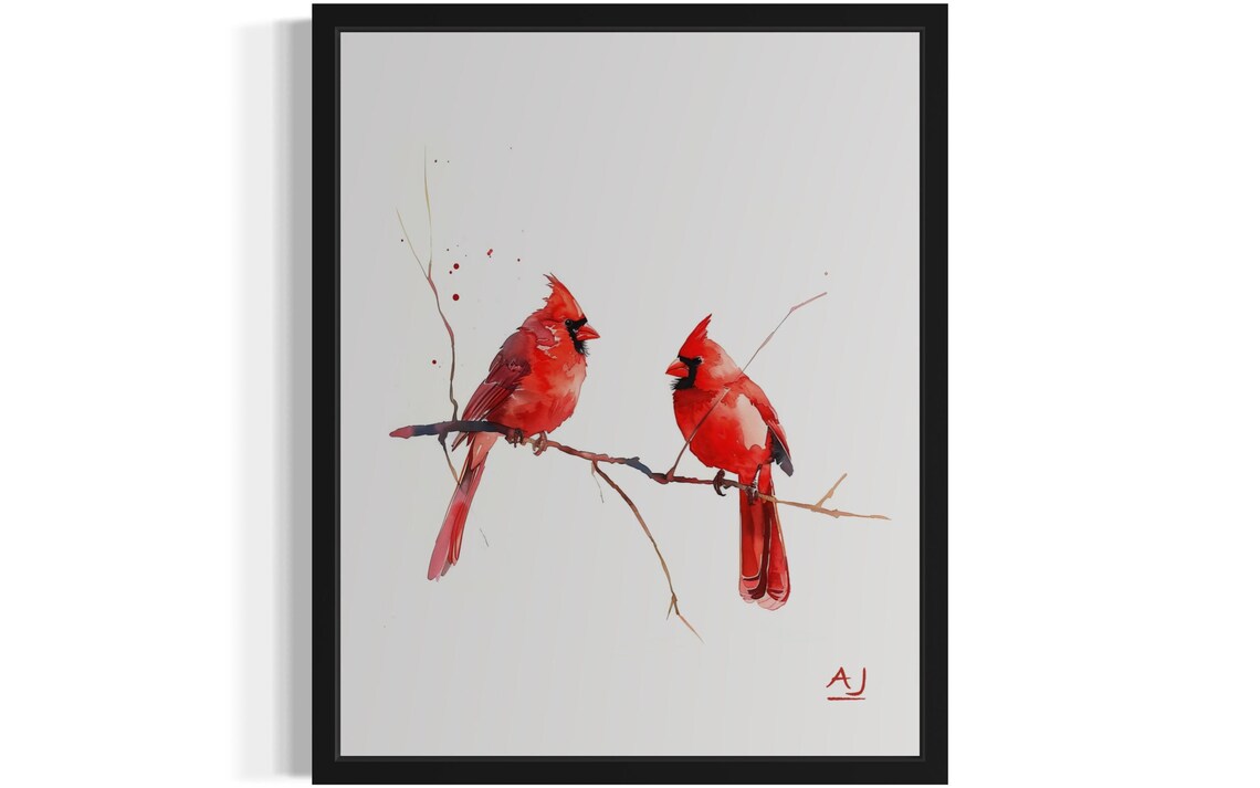 Pair of Red Cardinals on Bare Branch Minimalist Watercolor Poster
