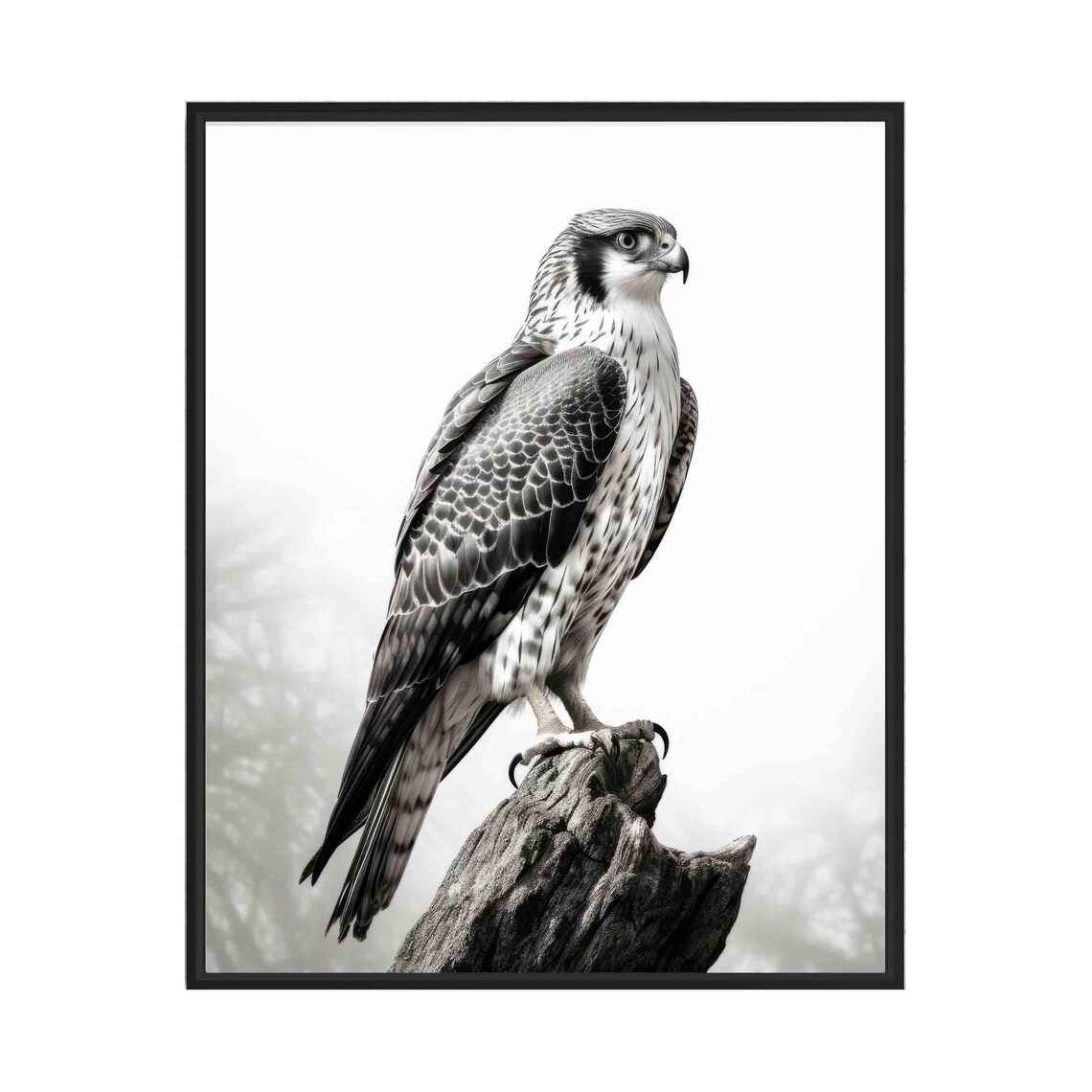 Falcon Black and White Bird of Prey Perched on Stump Portrait Poster