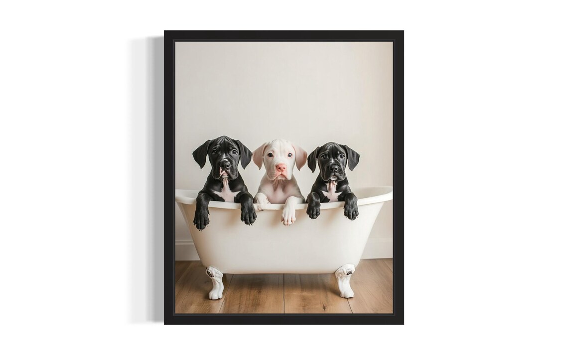 Three Great Dane Puppies in a Clawfoot Tub Black and White Bathroom Poster