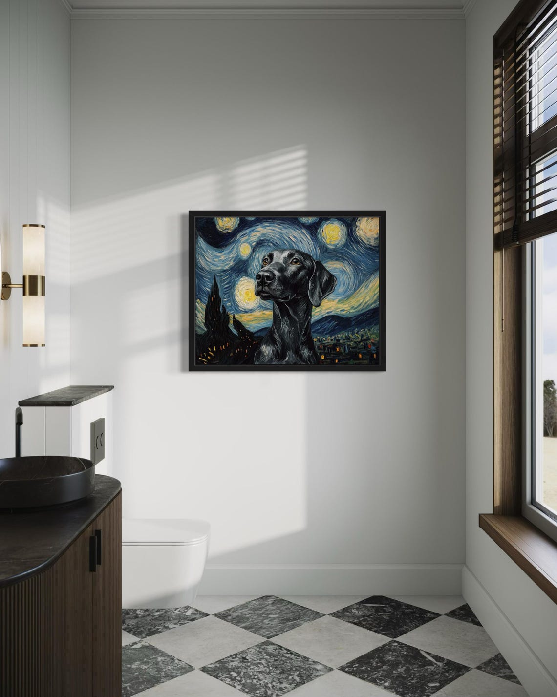 Black Dog Portrait Against a Van Gogh Starry Night Sky Poster - Image 4