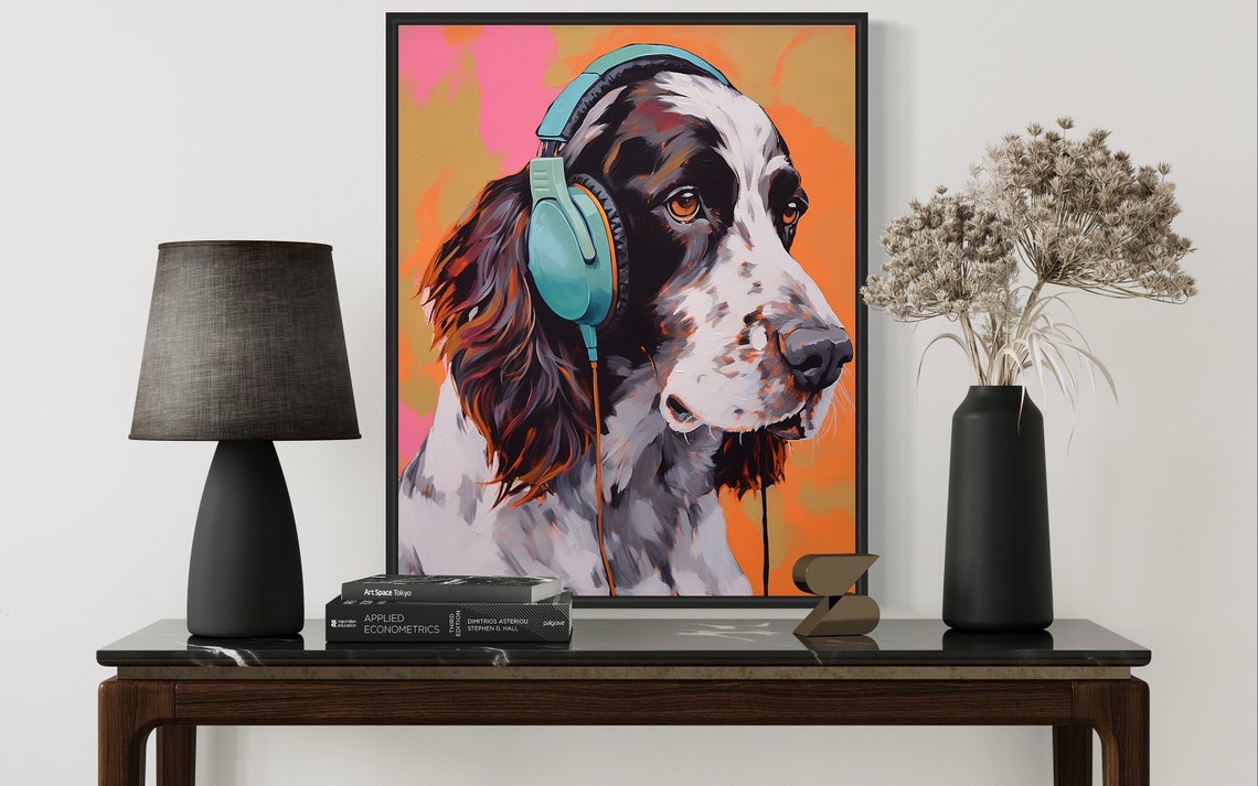 English Setter Dog Wearing Headphones Sunset Pop Art Music Poster - Image 3
