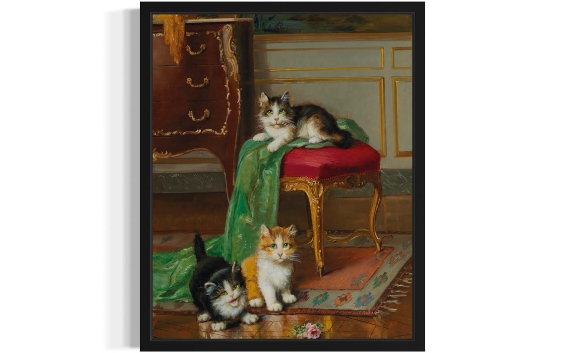 Three Playful Kittens In Elegant Vintage Interior Oil Painting Poster