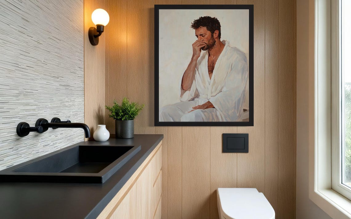 Bearded Man in White Robe Holding Nose Funny Bathroom Poster - Image 3