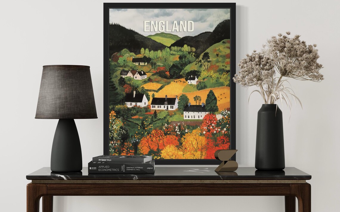 England White Country Houses Rolling Autumn Valley Folk Art Poster - Image 3