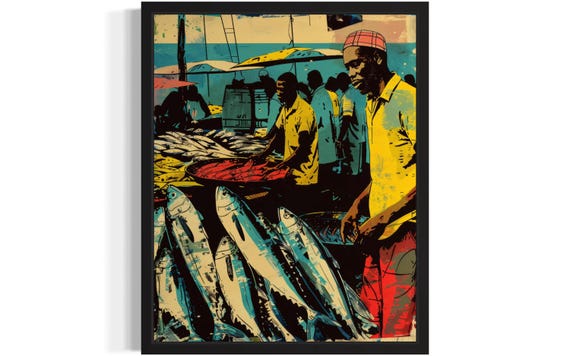 African Fish Market Art Print Wall Art Poster Original Paint Artwork Artwork Decor