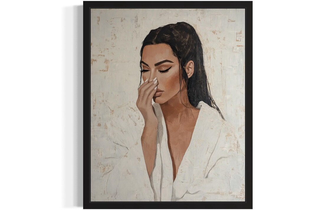 Beautiful Dark Haired Woman in White Robe Holding Her Nose Poster
