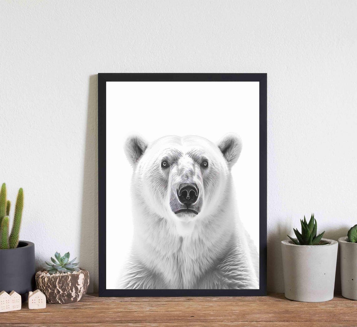 Striking Polar Bear Face Portrait in Black and White Art Poster - Image 4