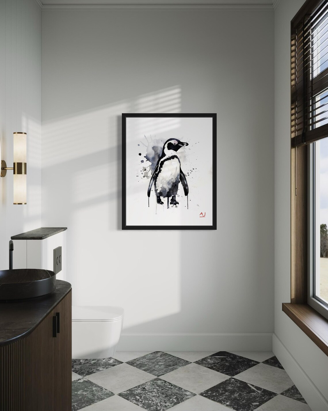 Penguin with Black Ink Splashes Monochrome Watercolor Art Poster - Image 2