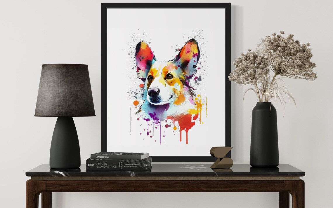 Cardigan Welsh Corgi Watercolor Splash Portrait Ink Art Poster - Image 3