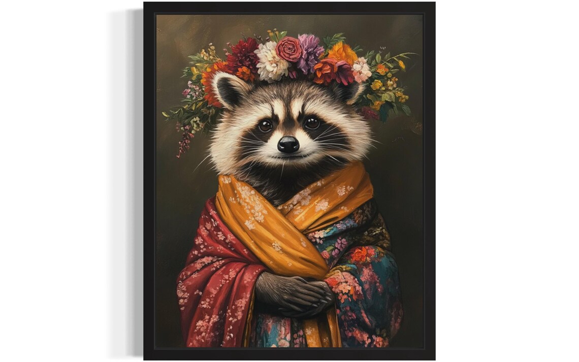 Raccoon Wearing Flower Crown and Golden Floral Kimono Art Poster
