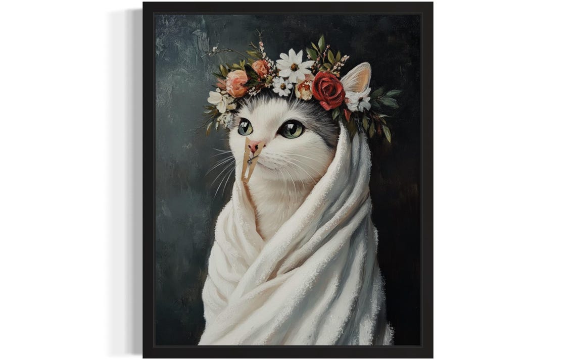 Cat Flower Crown Clothespin Funny Restroom Art Portrait Poster