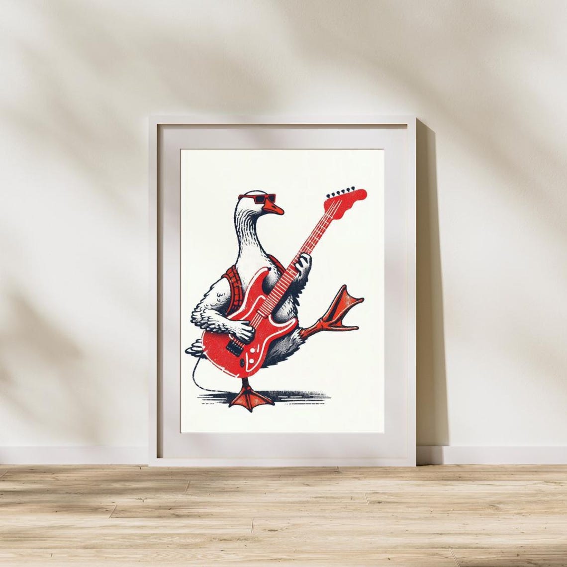 Cool Goose Playing Red Electric Guitar Funny Rock Music Poster