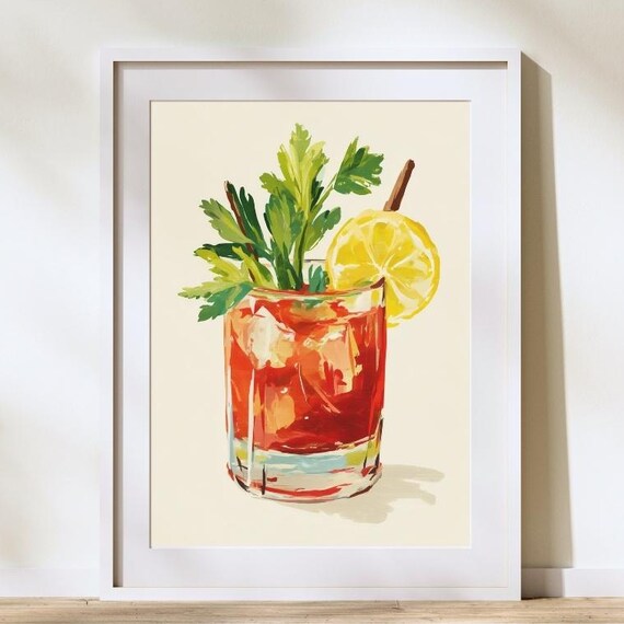Bloody Mary Cocktail Watercolor Red Drink Bar Cart Painting Poster