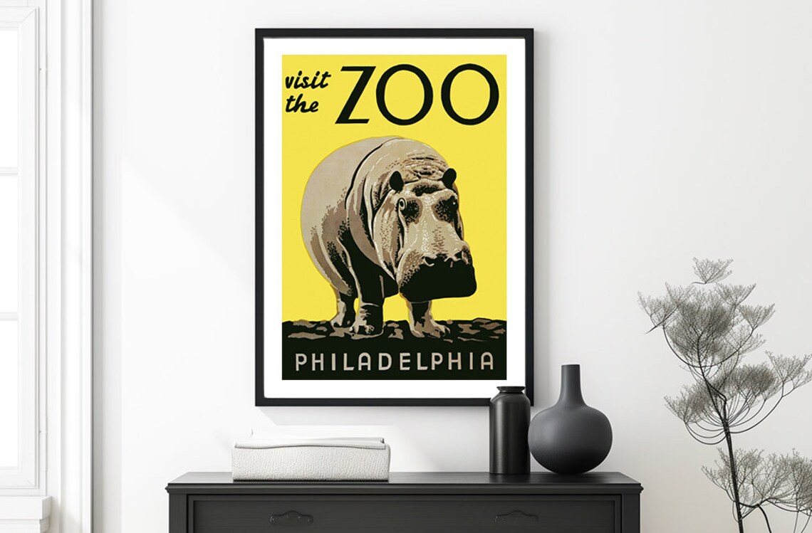 Visit the Philadelphia Zoo Hippo Yellow Vintage Animal Poster
