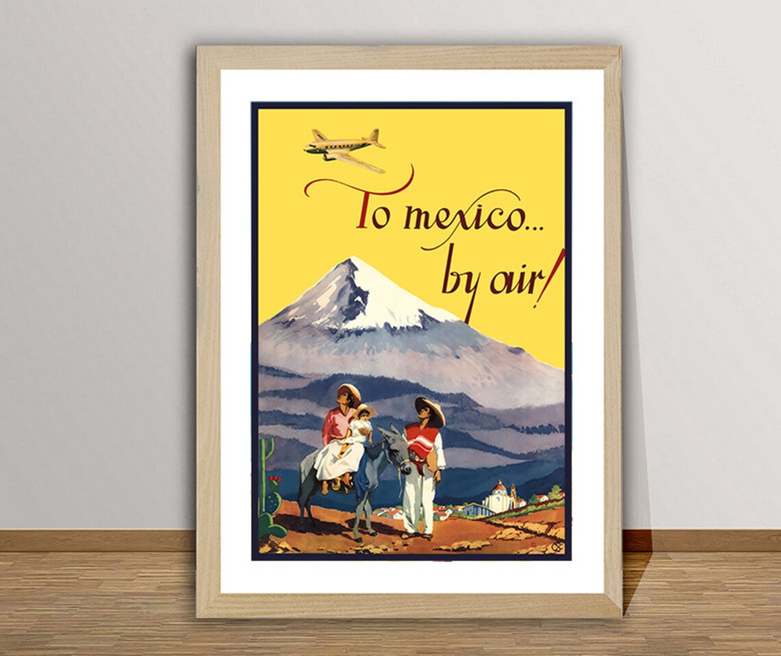 To Mexico by Air Vintage Travel Poster with Volcano and Family Donkey