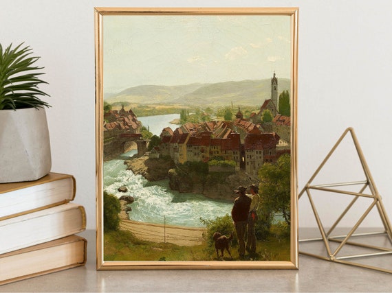 Vintage River Landscape L Rustic Country Landscape Painting Vintage Art Print Farmhouse Wall Decor Wall Art