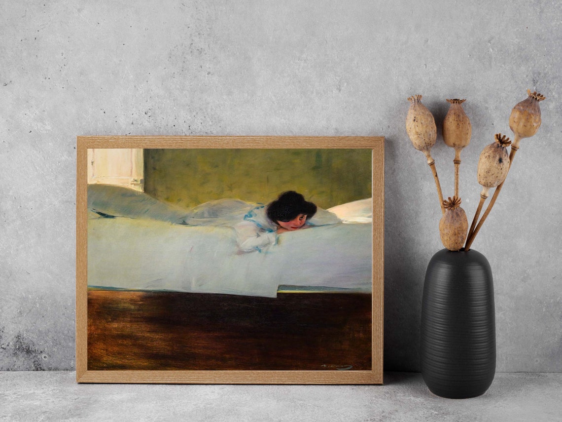 Ramon Casas Laziness Painting Lounging Woman on White Bed Print