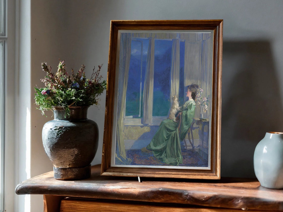 Classic Victorian Blue Evening Woman with Dog by Window Print - Image 4