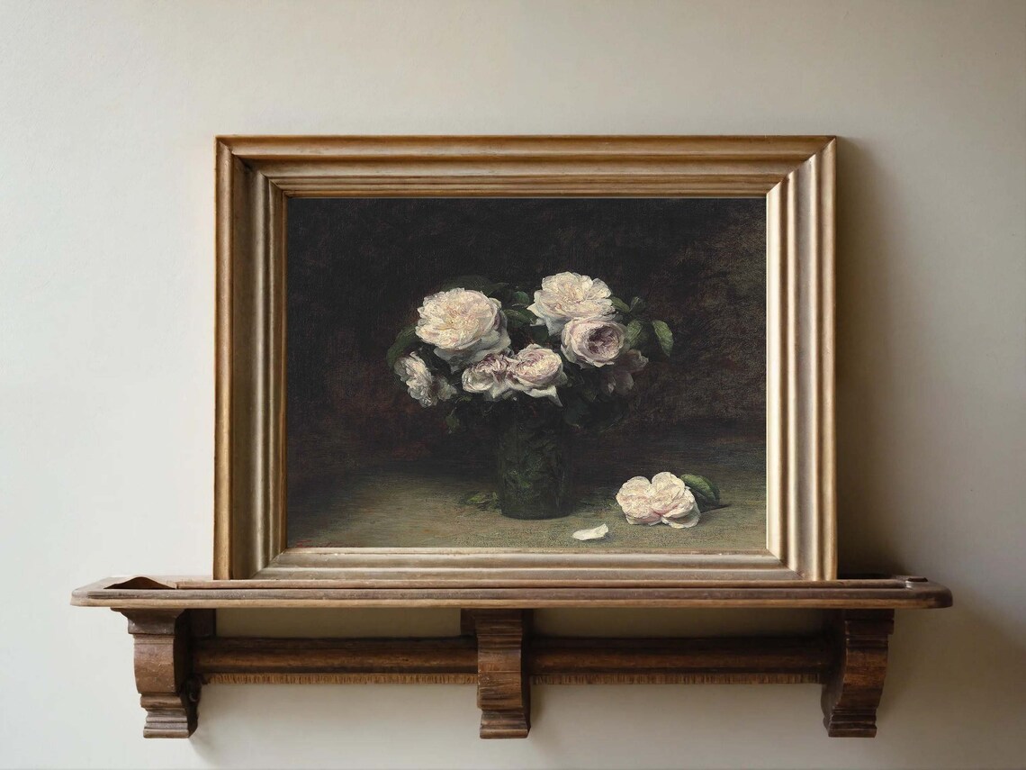 Moody Dark Roses Still Life White Pink Vintage Floral Painting Poster