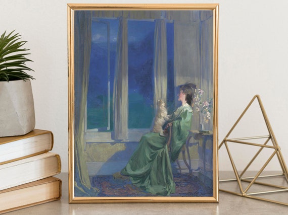 Victorian Art Print Blue Evening Slowly Falling Vintage Woman Portrait Painting Moody Print Wall Art