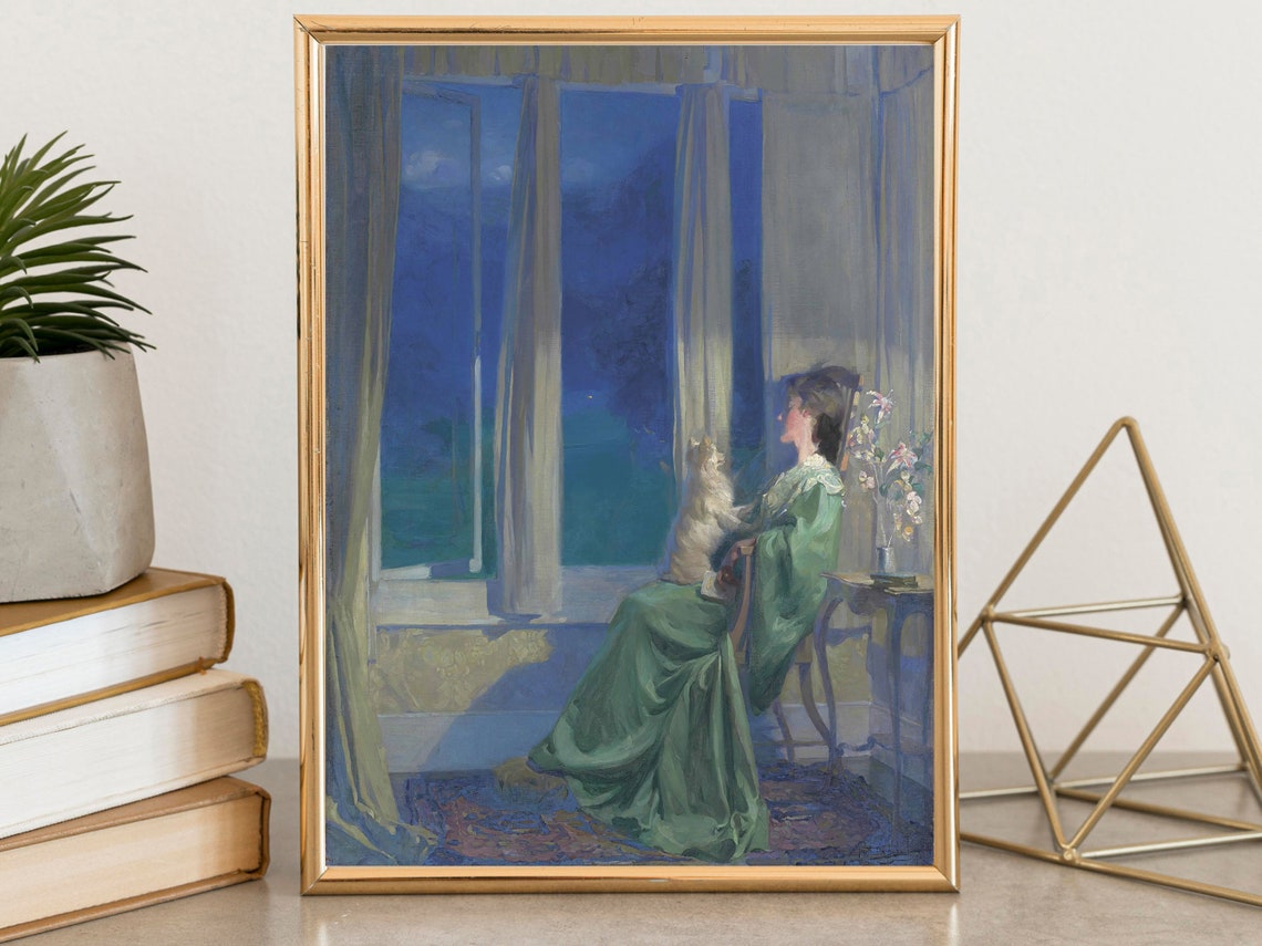 Classic Victorian Blue Evening Woman with Dog by Window Print