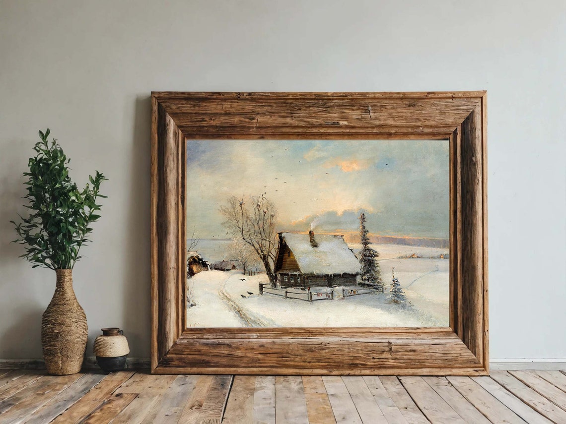 Snow Covered Cottage Winter Landscape Birds at Sunset Poster - Image 5