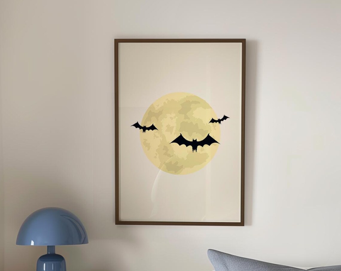 Bats Flying Over a Golden Full Moon Neutral Minimalist Halloween Poster