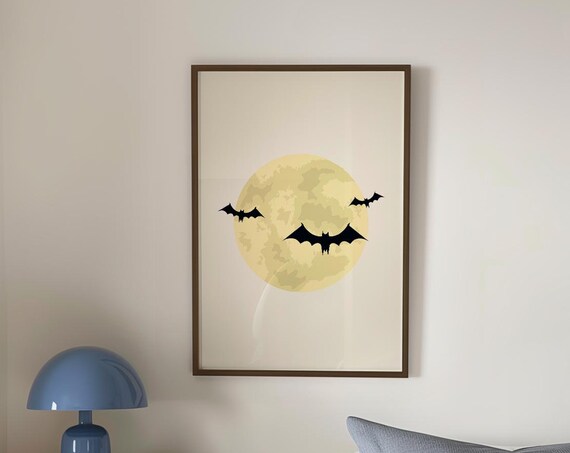 Bats Print Halloween Prints Halloween Printables Cute Halloween Decor Halloween Moon Art Neutral Halloween Wall Art