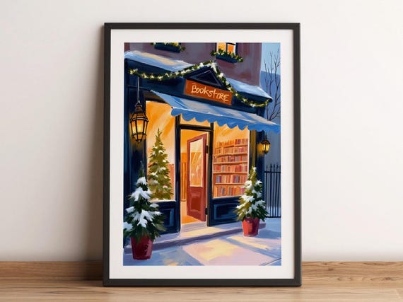 Snowy Corner Bookstore Warm Glow Christmas Pines Cozy Holiday Wall Poster