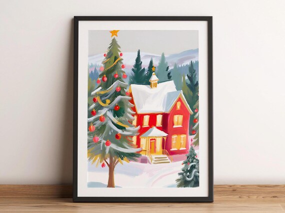 Snowy Christmas Red House Decorated Tree Winter Village Art Poster