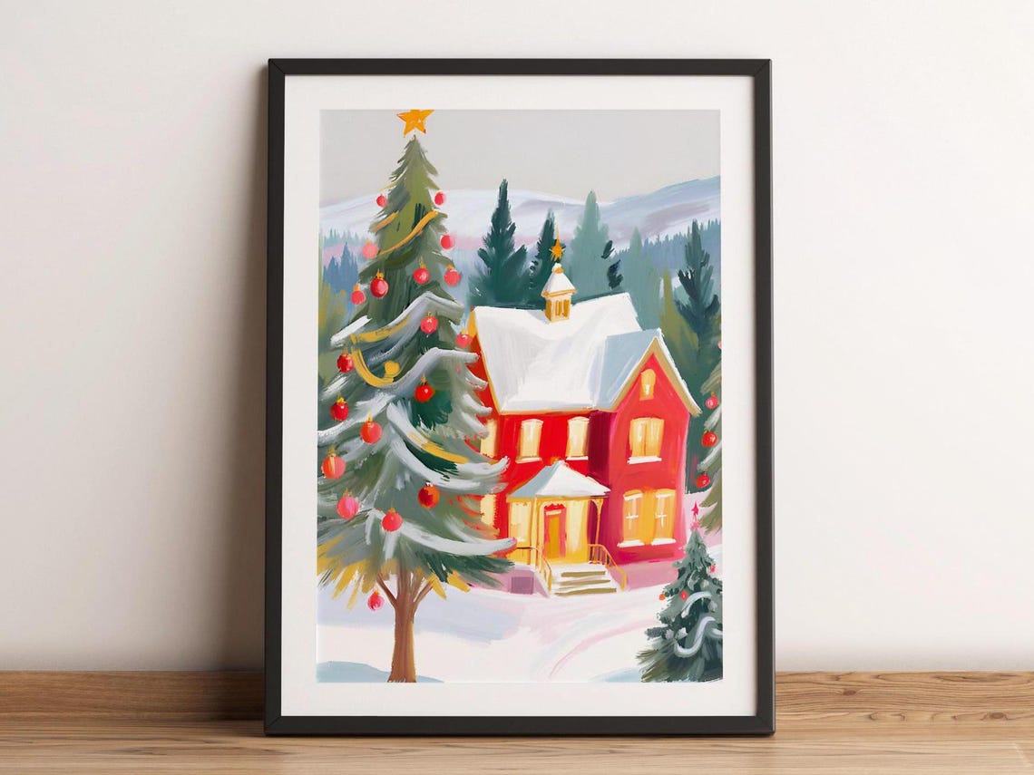 Snowy Christmas Red House Decorated Tree Winter Village Art Poster