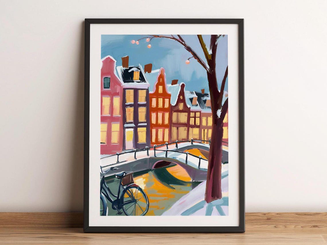 Snowy Winter In Amsterdam Canal Painting Wall Art Netherlands Watercolor Travel Poster City Landmark Holland Home Decor