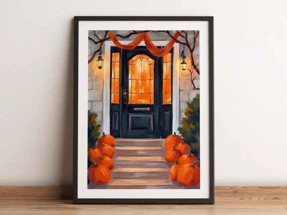 Halloween Pumpkin Door Entrance Watercolor Art Print Fall Decor