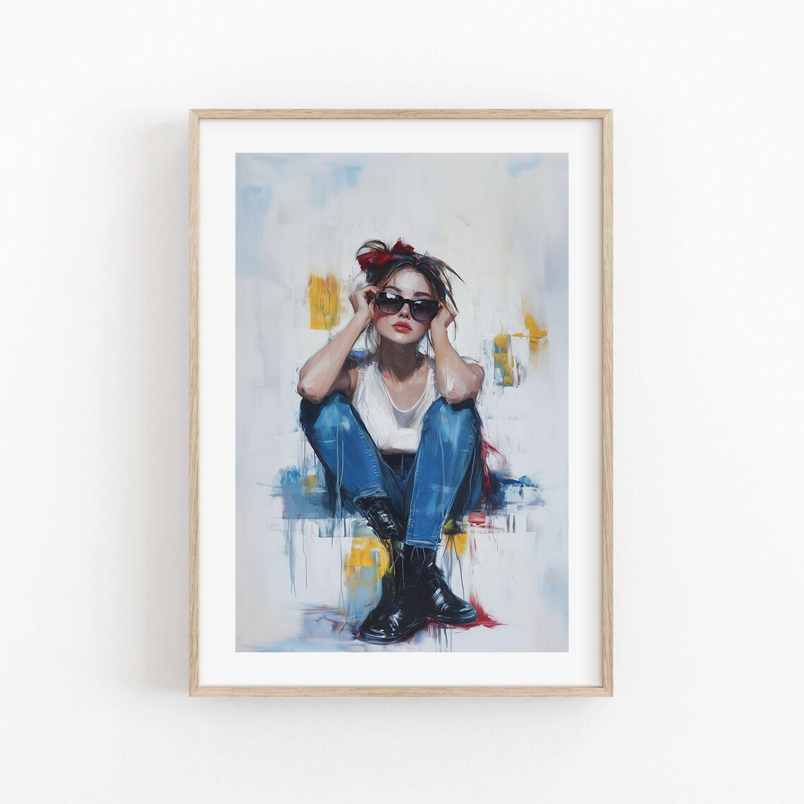 Modern Woman Sunglasses Portrait Red Bow Jeans Painterly Art Poster