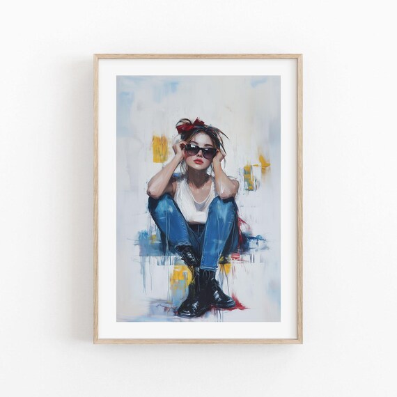 Modern Woman Sunglasses Portrait Red Bow Jeans Painterly Art Poster