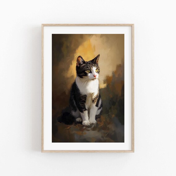 Regal Tabby and White Cat Portrait Golden Oil Painting Feline Art Poster