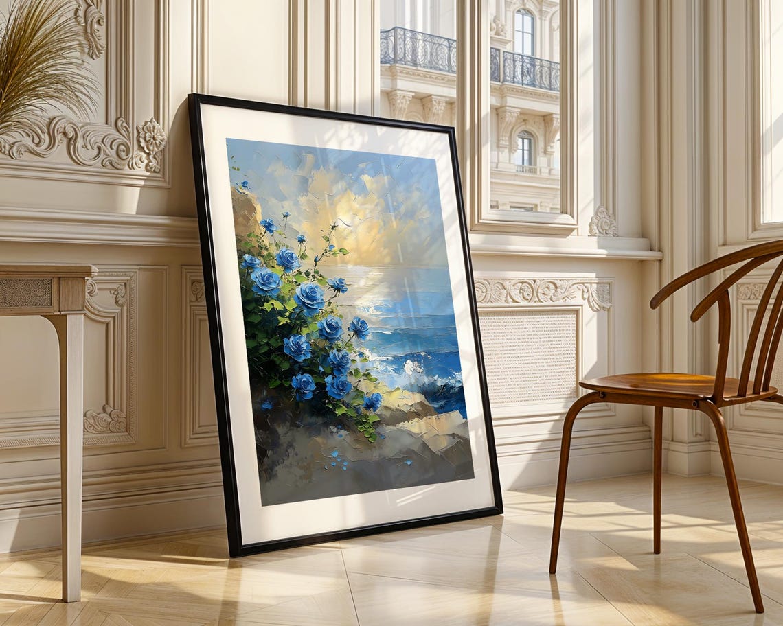 Blue Roses Rocky Coast Sunrise Ocean View Floral Oil Painting Poster - Image 3