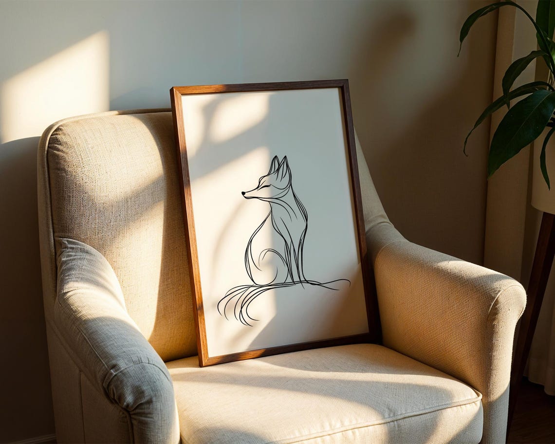 Elegant Sitting Fox Line Art Minimalist Wildlife Drawing Poster - Image 2
