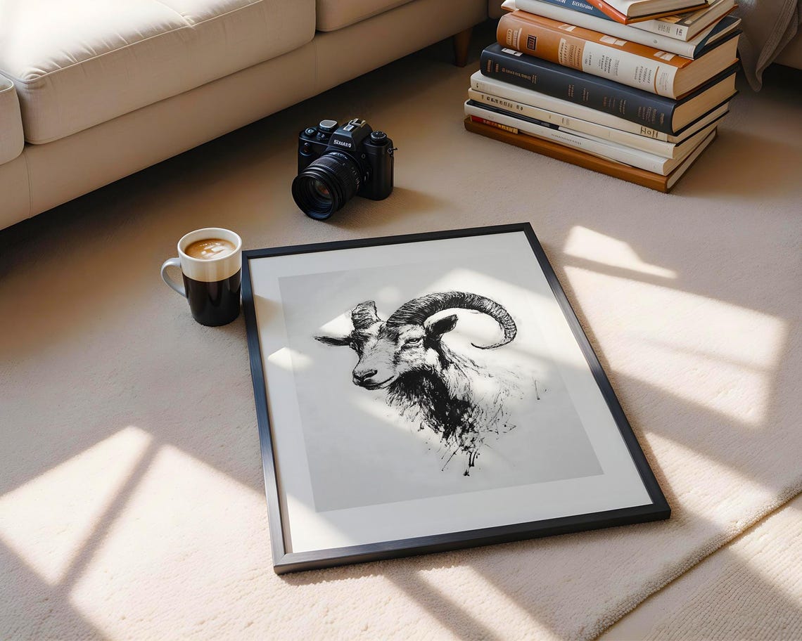 Ram Head With Curled Horns Charcoal Sketch Minimalist Poster - Image 6