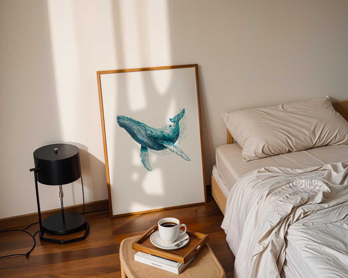 Humpback Whale Teal Ink Illustration Ocean Sea Animal Artwork Poster - Image 3