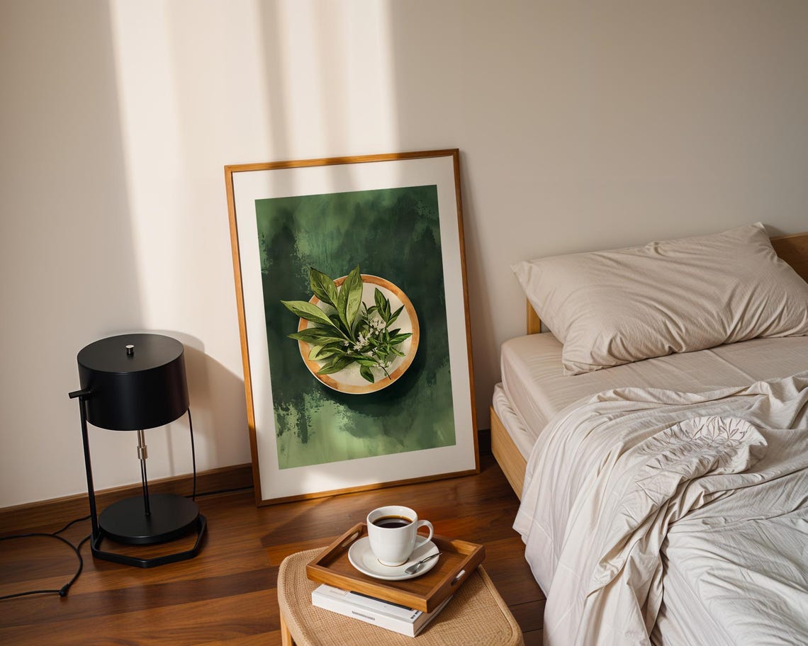 Green Leafy Plant Copper Bowl Overhead Botanical Still Life Wall Art - Image 2