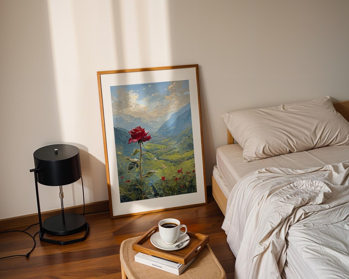 Single Red Rose Mountain Valley Oil Painting Landscape Art Poster - Image 2