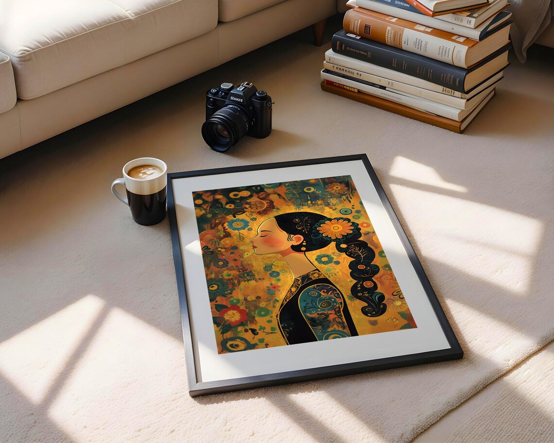 Art Nouveau Woman Floral Profile Klimt Style Gold Decorative Poster - Image 4
