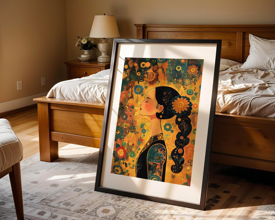 Art Nouveau Woman Floral Profile Klimt Style Gold Decorative Poster - Image 3