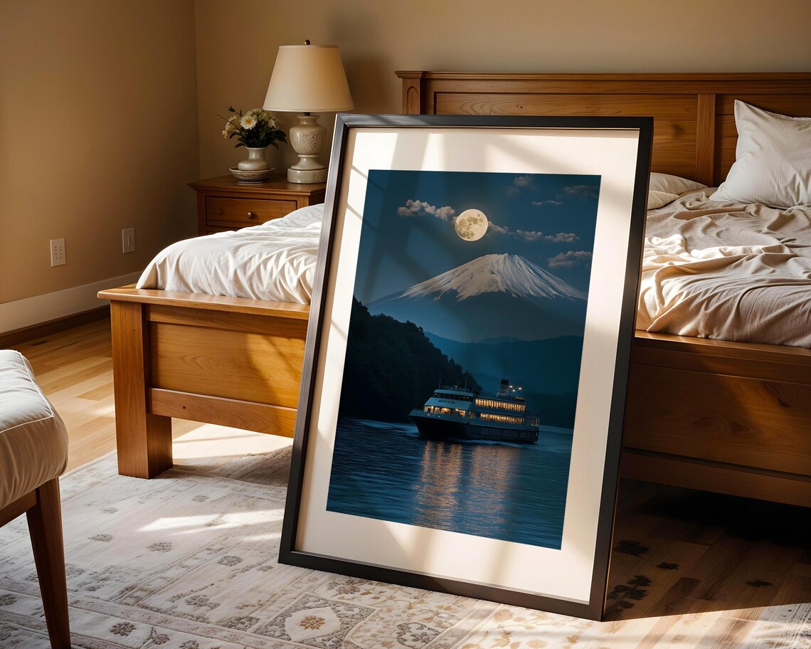 Moonlit Mount Fuji Night Cruise Ship Glowing Lake Scene Poster - Image 4