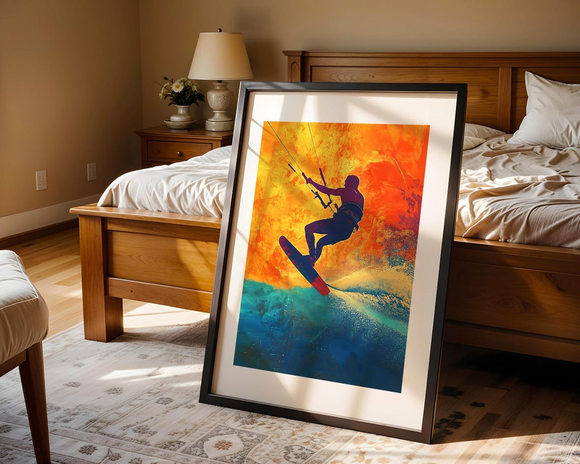 Kitesurfer Silhouette Fiery Sunset Ocean Waves Dramatic Sports Poster - Image 4
