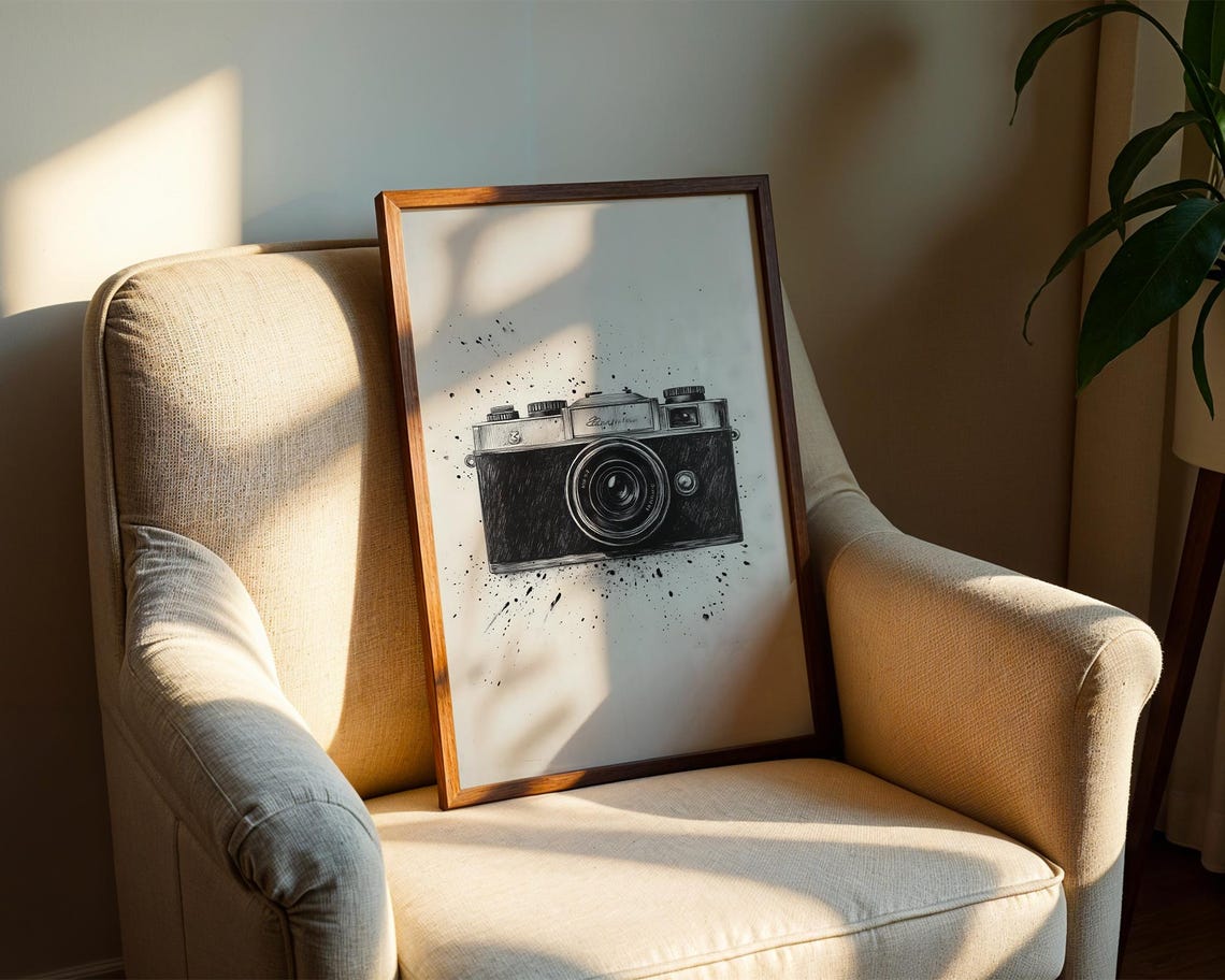 Vintage Film Camera Charcoal Sketch Black Ink Splatter Art Poster - Image 2